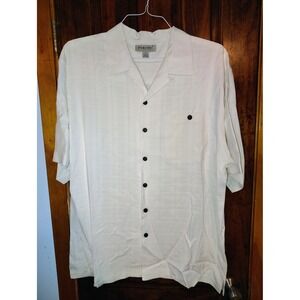 Porcini Mens XL Silk Short Sleeve Button Up Shirt White Plaid Vacation